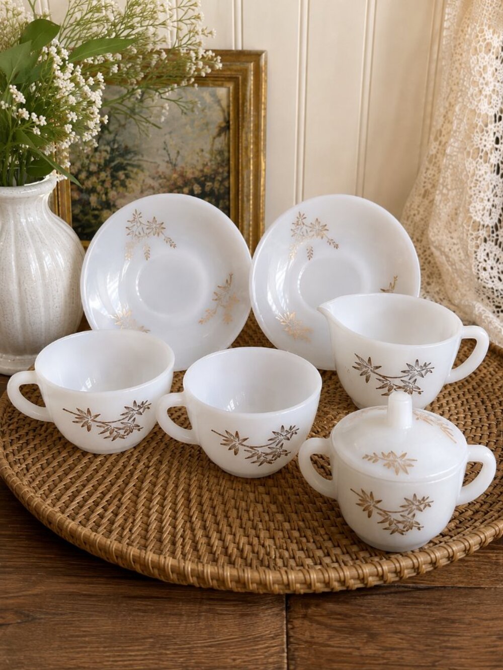 Set FEDERAL GLASS Golden Glory Milk Glass Gold Floral Tea Set Cups Sugar Creamer